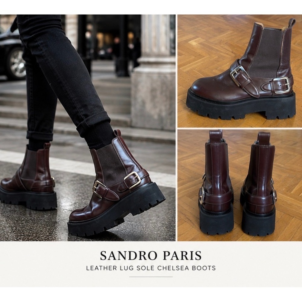 Sandro Platform Boots Women's Size 7 Burgundy‎ Excellent Buckle Detail